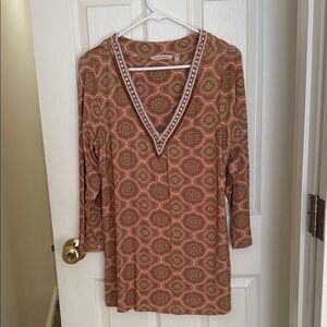 Soft Surroundings Women's V-Neck Printed Tunic Top - Rust Floral Pattern - Med